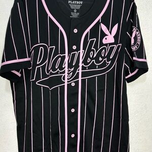Black and Pink Playboy Bunny Striped Baseball Jersey
